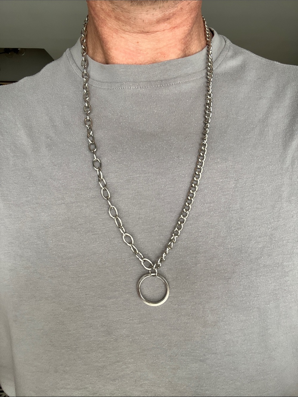 Silver Metal Mixed Link Ring Pendant Necklace - Men Accessories Jewelry
